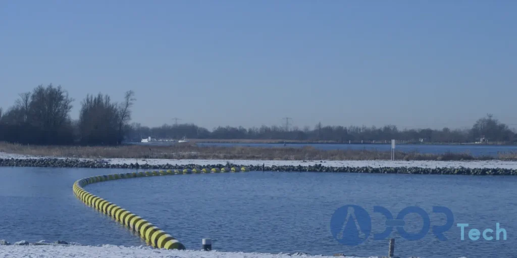 HDPE boom for harsh conditions deployed in icy winter waters as an efficient solution by ADOR for marine protection.