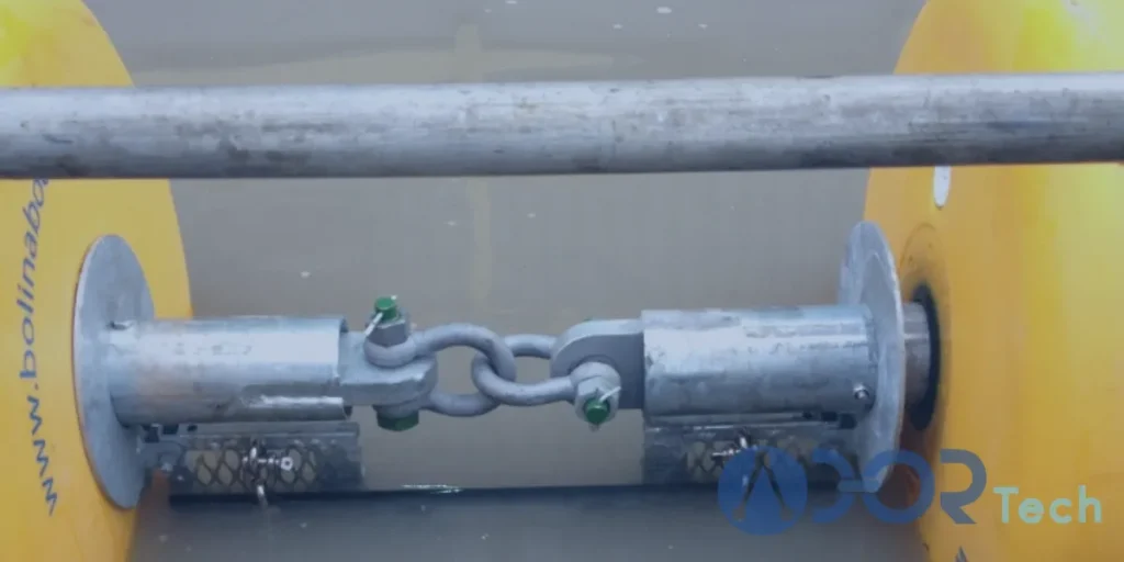 Close-up of anchoring and connector system on a rugged HDPE boom, ensuring durability and secure performance in harsh water conditions.