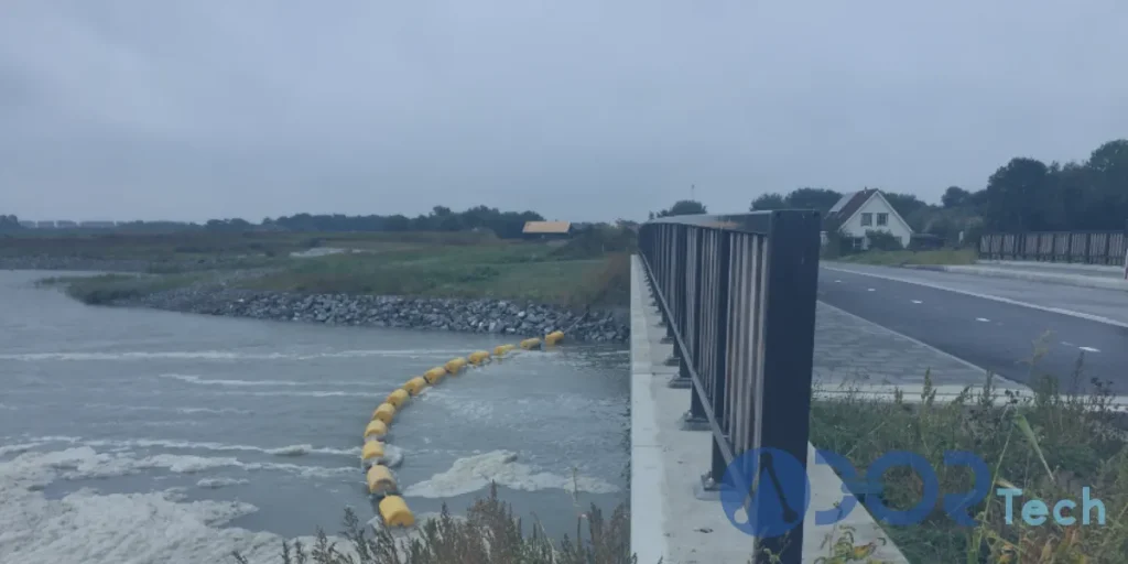 Yellow heavy-duty HDPE boom installed near a bridge to act as a rugged floating barrier in harsh water conditions.