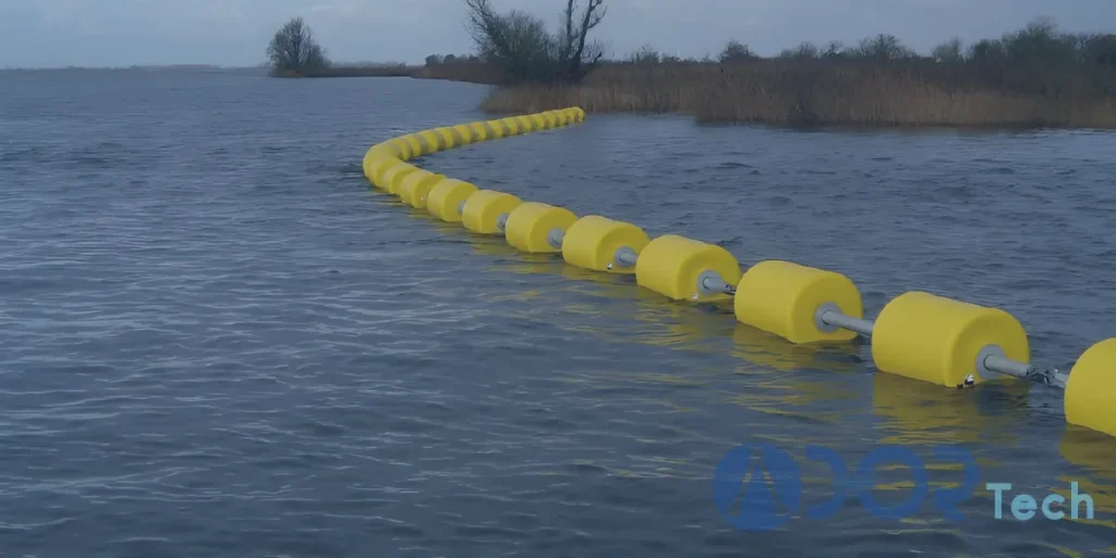Yellow HDPE boom floating in open water, highlighting durability and flexibility compared to steel and PVC barriers – HDPE Boom vs Steel vs PVC