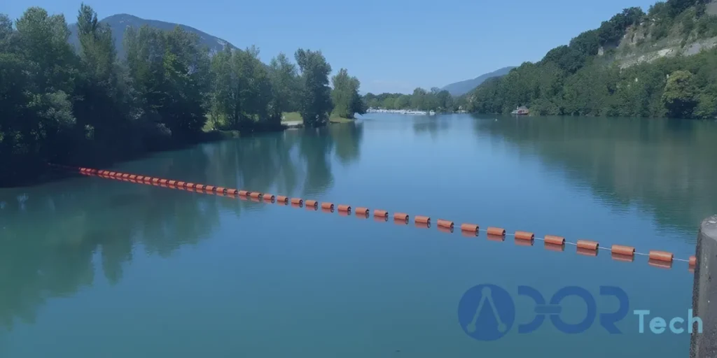 Orange HDPE boom floating across a calm river, providing a durable barrier solution for debris and waterway protection.