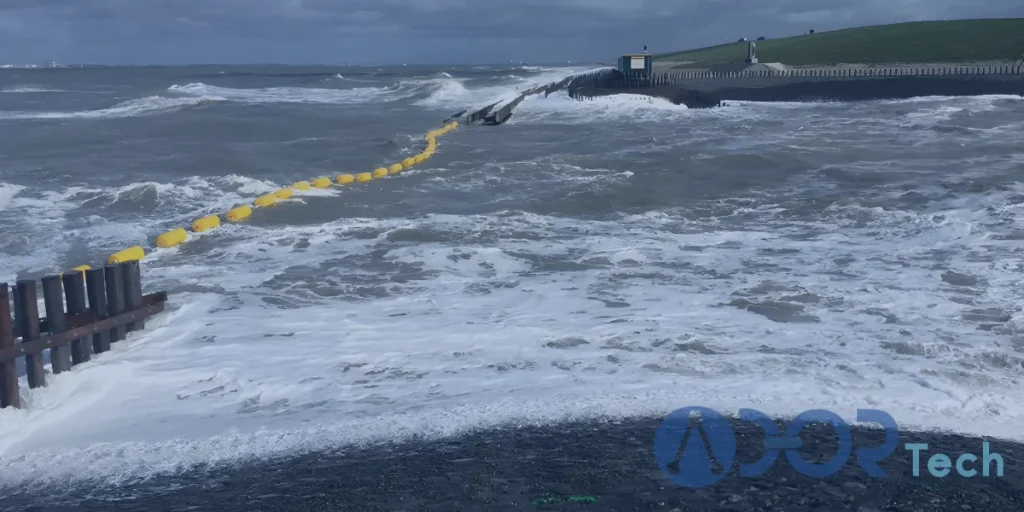 Yellow HDPE floating boom installed in rough sea waves near a coastal barrier, showing strength and resilience – Which Floating Barrier Is Best? Steel vs PVC vs HDPE Floating Boom.