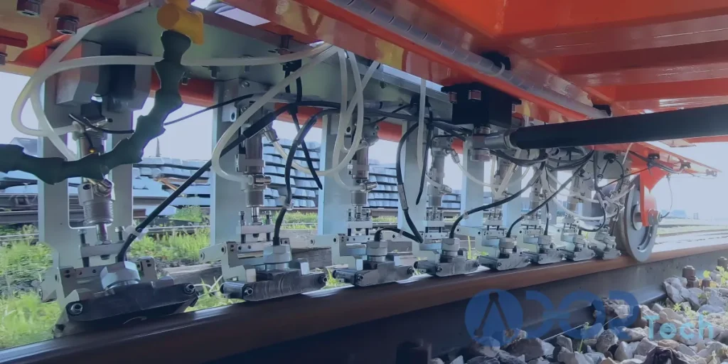 A eddy current rail inspection system equipped with eddy current testing sensors and a mounted laptop performing real-time defect detection on railway tracks.