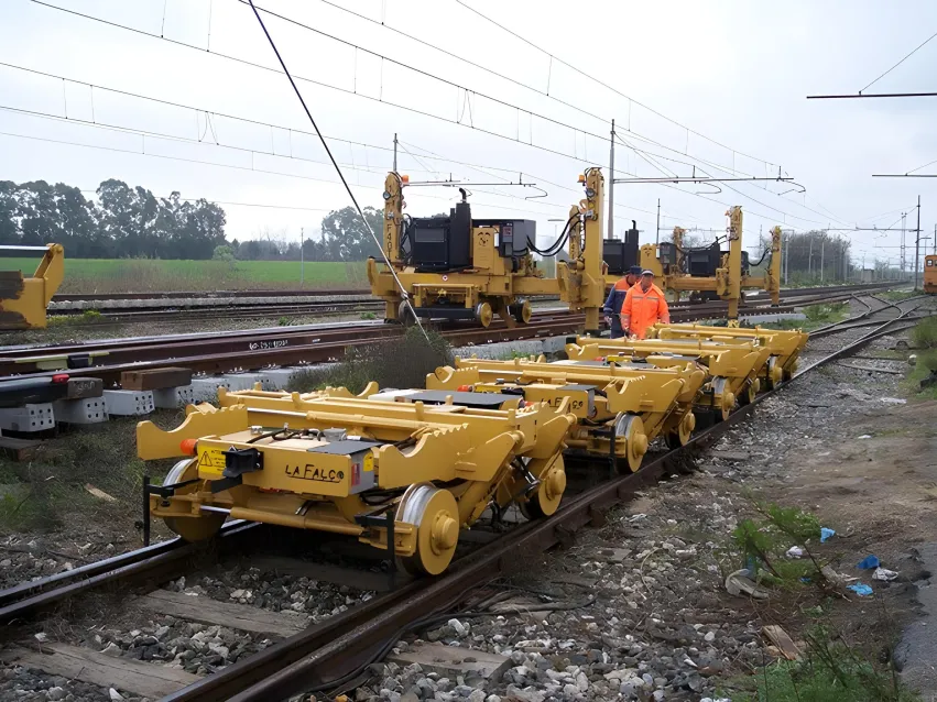 Motorized trolley on railway tracks for rail maintenance and equipment transport.