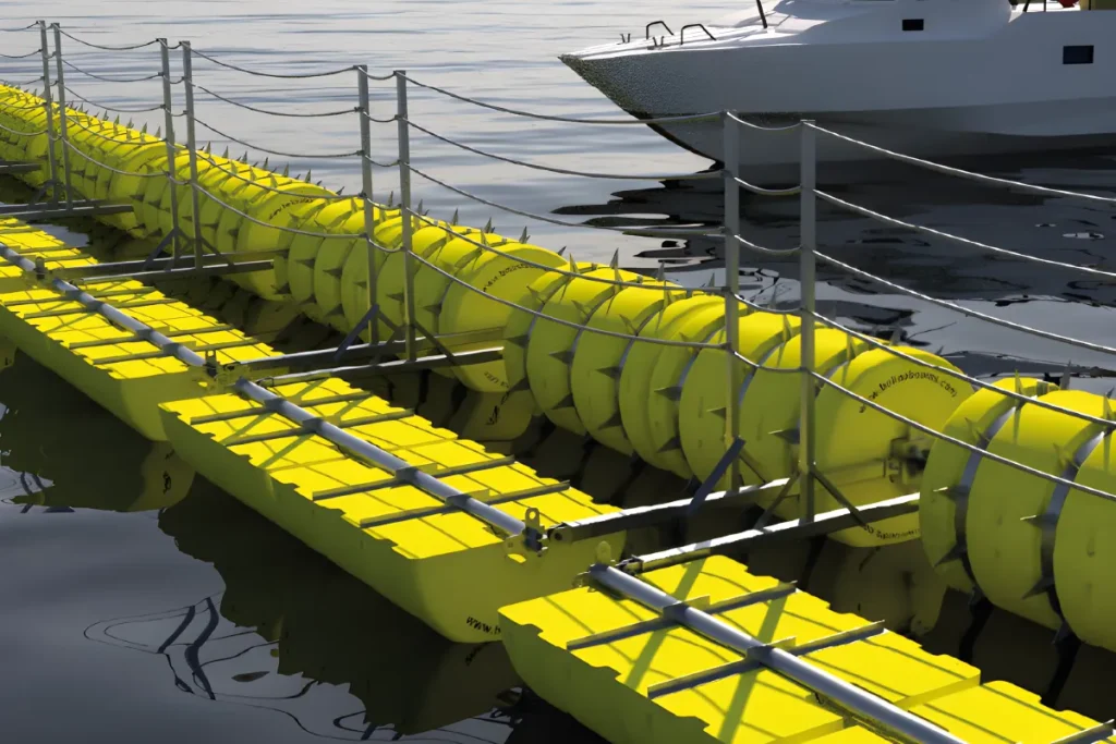 Floating security barriers protecting marina vessel area