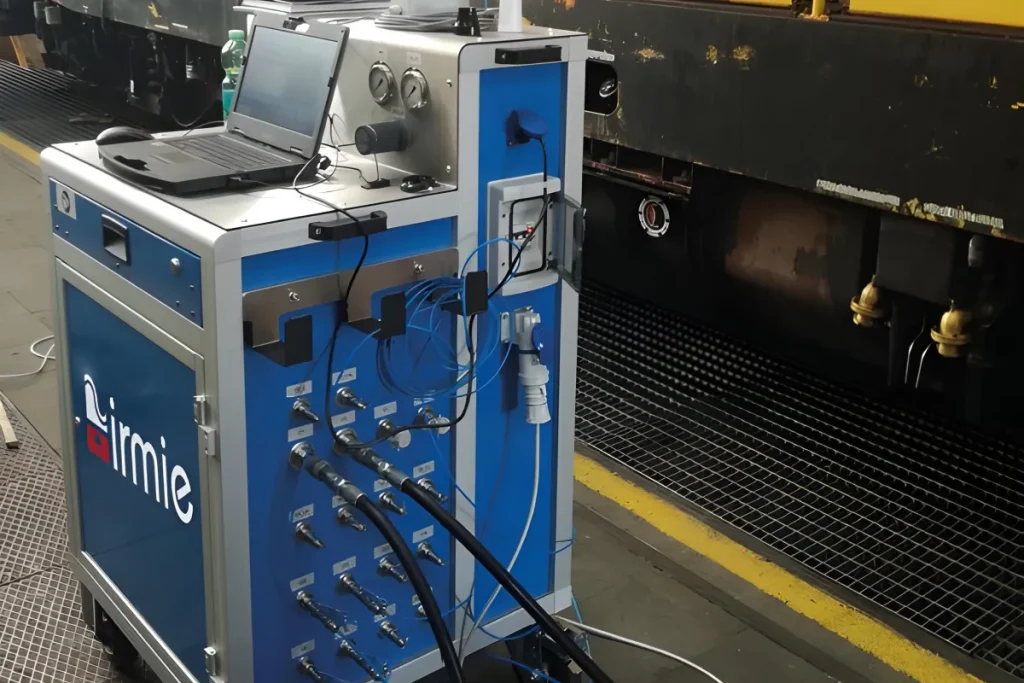 Railway brake testing equipment connected to a rail vehicle
