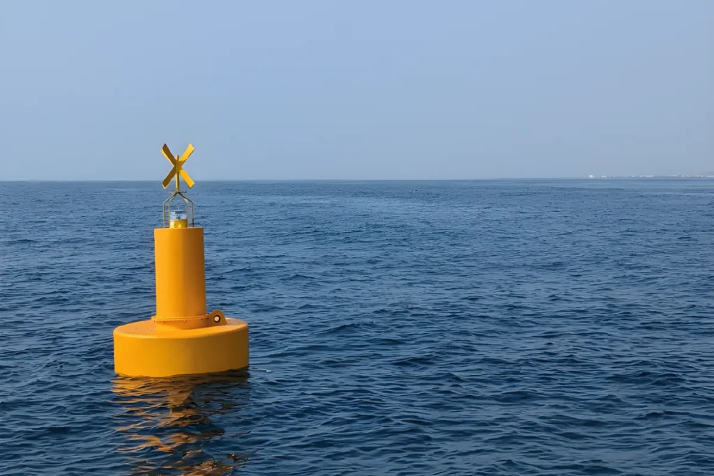 Yellow navigation buoy on open water