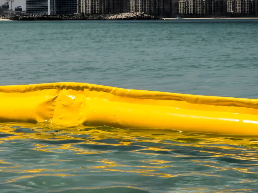 Floating oil boom on coastal water for oil containment