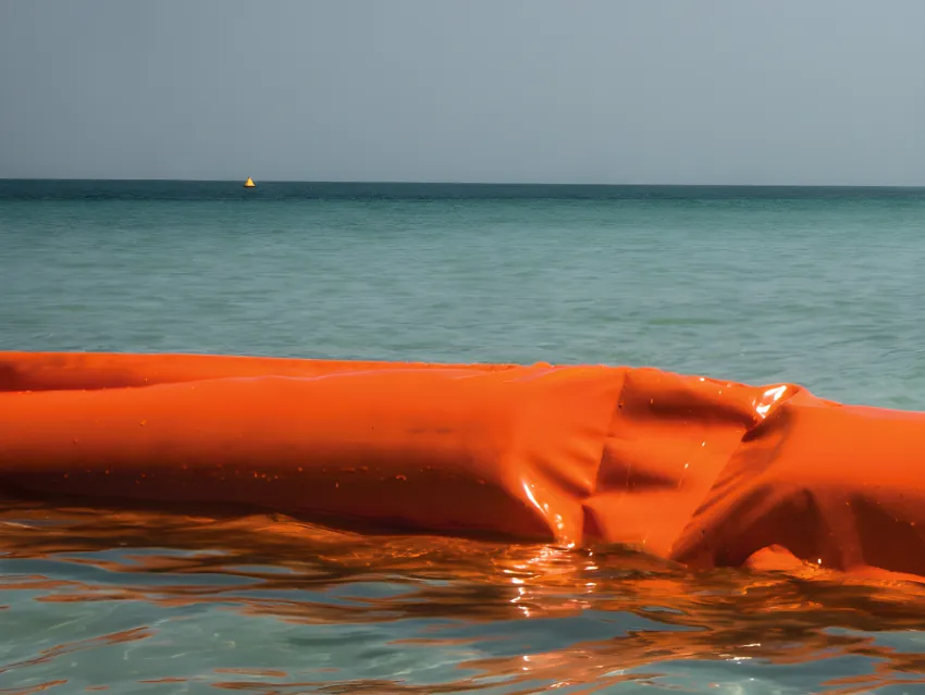 Orange floating oil boom on water for oil containment