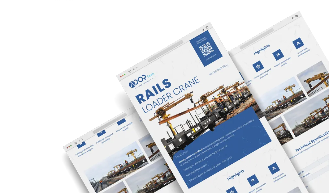 Rails loader crane catalog showing train loader features, rail handling applications, and technical specifications