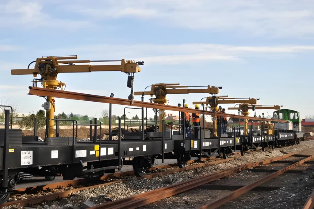 Rails loader crane lifting rail sections on railway tracks for track construction and maintenance.