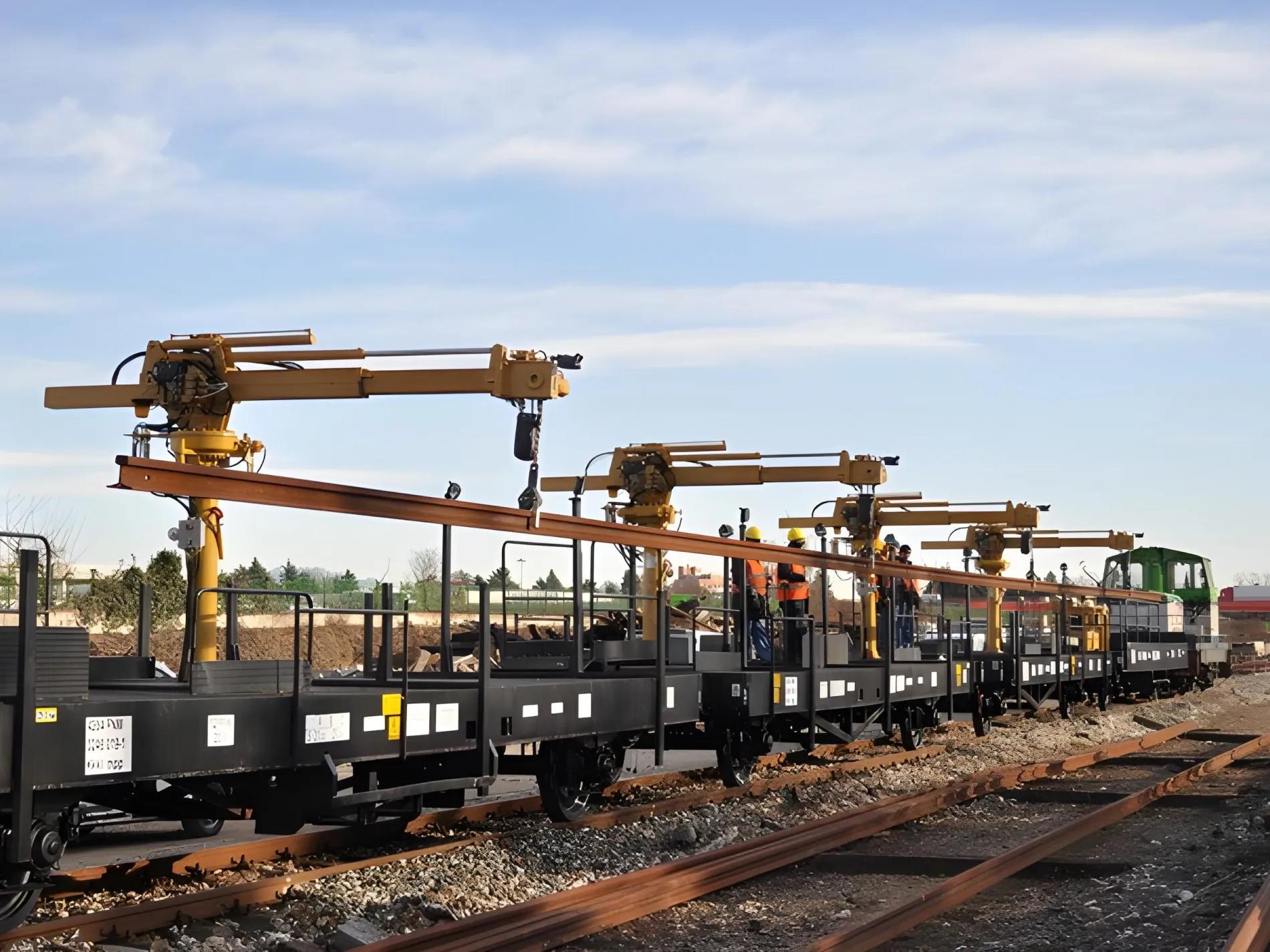 Rails loader crane handling long rail sections on railway tracks for construction and maintenance work.