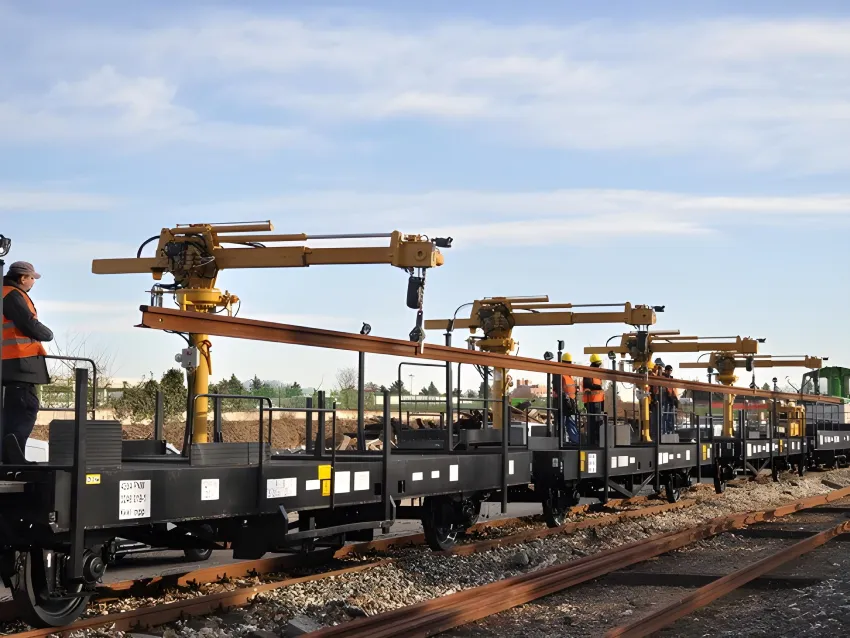 Train loader with rails loader cranes carrying long rail sections for railway track construction.