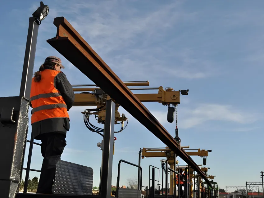 Rails loader crane positioning a long rail section for railway track construction and maintenance.