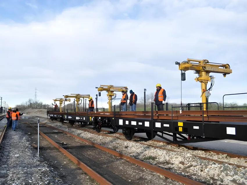 Rails loader crane system carrying long rail sections with workers during railway track maintenance